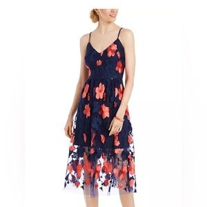 NWT Vince Camuto Navy and Coral Lace Floral Mesh Overlay Dress